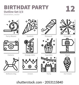 Happy brithday icons set, Detailed Outline, vector and illustration set 3