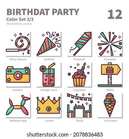 Happy brithday icons set, Filled Outline, vector and illustration set 3