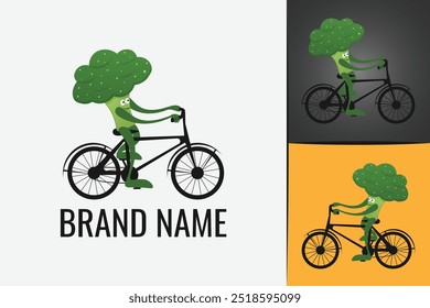 Happy broccoli character vegan logo on bicycle. Vegetable Broccoli mascot logotype. Vegetarian logo