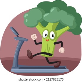 
Happy Broccoli Mascot Running on a Treadmill Vector Cartoon. Cheerful super food character exercising, doing cardio in healthy lifestyle concept illustration 
