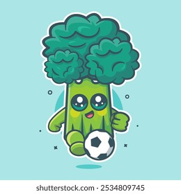 Feliz brócoli vegetal personaje mascota jugando fútbol aislado de dibujos animados