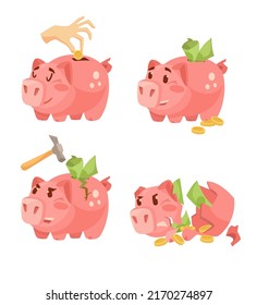 Happy and broken comic piggy bank vector illustrations set. Piggybank cartoon character with money inside, hand putting coin and breaking moneybox on white background. Banking, finances, debt concept