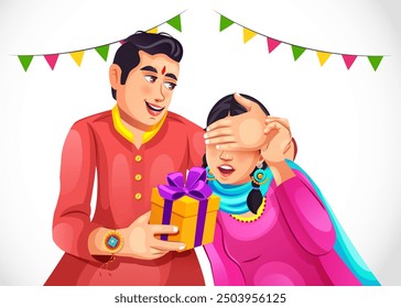 Hermano feliz cerrando los ojos dando un regalo sorpresa a su hermana durante la celebración del festival Raksha Bandhan. Un diseño de personaje creativo para branding, publicidad y publicación en redes sociales