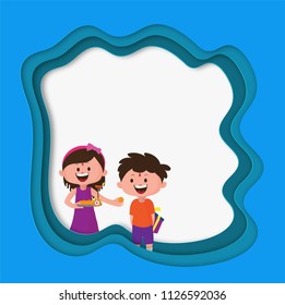 Happy brother and sister character celebrating Raksha bandhan festival on paper cut origami frame with space for your message.