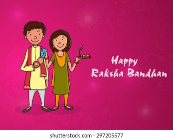 Happy brother and sister enjoying after celebrating Raksha Bandhan festival on floral design decorated pink background.