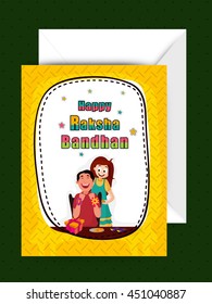 Happy Brother and Sister enjoying after celebrating Raksha Bandhan Festival, Beautiful Greeting Card design with Envelope for Indian Traditional Festival celebration.