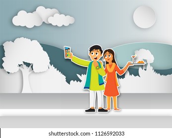 Happy Brother and Sister taking selfie after celebrating Raksha Bandhan Festival. Paper cut origami style.