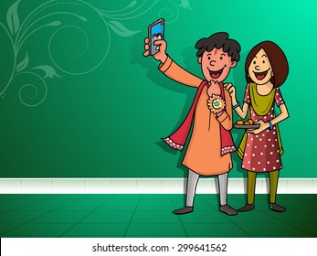 Happy brother and sister taking selfie after celebrating Raksha Bandhan festival on floral design decorated green background.