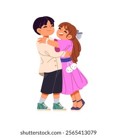 Happy brother and sister warm hug together. Cute kids friends rejoice, cuddle. Funny children support, little sibling love each other, embrace. Flat isolated vector illustration on white background