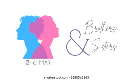 happy brothers and sisters day. 2 may. minimalist modern design. boy and girl. colored silhouette