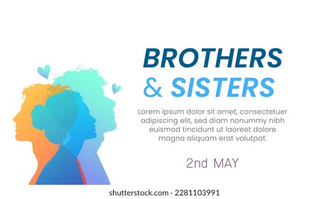 happy brothers and sisters day. 2 may. minimalist modern design. boy and girl. colored silhouette