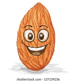 happy brown almond nut cartoon character smiling. 