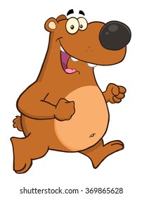 Happy Brown Bear Cartoon Character Running With Speech Bubble. Vector Illustration Isolated On White