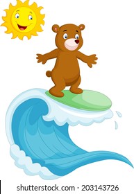 Happy brown bear cartoon surfing