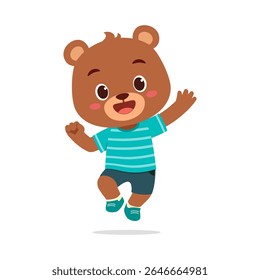 Happy Brown Bear Cub Jumping and Waving Hand with Joyful Expression in Cartoon Illustration
