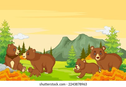 Happy Brown bear family cartoon with landscape background