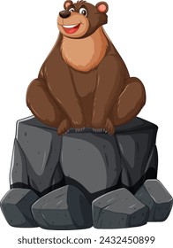 A happy brown bear perched atop stone boulders.
