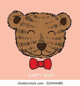 Happy brown bear portrait hand drawn cartoon, vector illustration