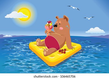 Happy Brown Bear resting on air mattress in the sea, eating ice cream. A warm sunny day, cute fatty is resting. Eating ice cream. Summer holidays