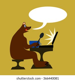 Happy brown bear sitting on a chair at the table and licks it. Ahead of him is a blue bowl and a spoon in the paw. Before him is a laptop with a glowing screen. At the mouth of a communication bubble.