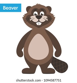 Happy brown beaver. Cartoon character in a white background. Flat style. Vector illustration.