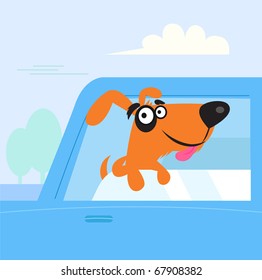Happy brown and black dog travelling in blue car. VECTOR