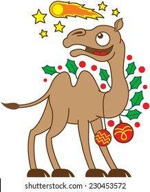 Happy brown camel ornamented with evergreen holly leaves and red Christmas baubles while watching a comet, which is flying in the sky in the middle of yellow stars