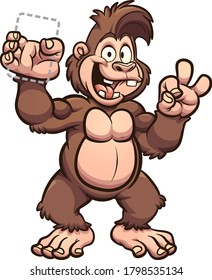 Happy brown cartoon gorilla holding something in it's hand. Vector clip art illustration. Some elements on separate layers.
