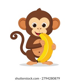 A happy brown cartoon monkey character smiling while holding a delicious yellow banana on a white background