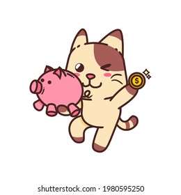 Happy Brown Cat investment money piggy bank Cartoon Doodle Cute Adorable Vector Illustration Character Flat Design Sticker Isolated