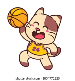 Happy Brown Cat Play Basketball Sport cartoon doodle vector illustration flat design style