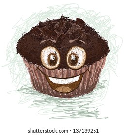 happy brown chocolate muffin cartoon character smiling. 