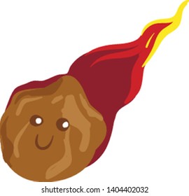 A happy brown comet with red flame and yellow tail, vector, color drawing or illustration. 