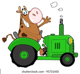 Happy Brown Cow Farmer In Green Tractor Waving A Greeting.Vector Illustration