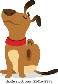 Happy brown dog with red collar scratching its back with paw in cartoon illustration, isolated on white background