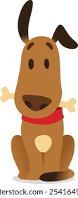 Happy brown dog sitting and holding a bone, wearing a red scarf in a cartoon illustration isolated on a white background