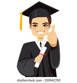 Happy brown haired boy on graduation day with diploma and making thumbs up hand gesture