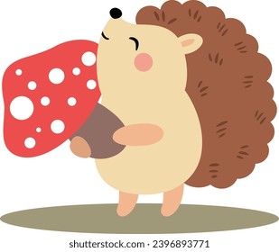 Happy brown hedgehog holding a red mushroom
