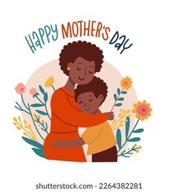 Niño marrón feliz abrazando a su madre. Feliz día de la madre saludando a la plantilla de catd. Mujer negra acariciando a su hijo. Ilustración vectorial dibujada a mano plana.