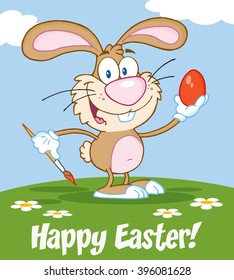 Happy Brown Rabbit Painting Easter Egg. Vector Illustration Greeting Card