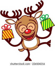 Happy brown reindeer with big antlers and red nose while smiling, raising a leg, holding beautifully decorated gifts and celebrating Christmas enthusiastically 