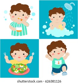 Happy brown skin boy do daily healthy routine brushing teeth, take a bath,
eat healthy food and exercise vector illustration