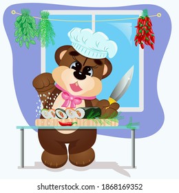 Happy brown Teddy bear looking like a chef. He wears a chef's hat, holding a cooking knife and cooking a sushi.
