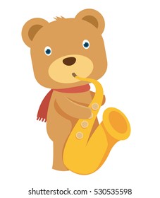 happy brown teddy bear playing saxophone in flat vector style