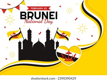 Happy Brunei Darussalam National Day Vector Illustration on 23 February with Waving Flag in Patriotic Holiday Flat Cartoon Background Design