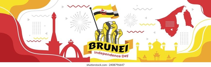 Happy Brunei National Day colorful patriotic wallpaper with traditional border design and typography on the side.

