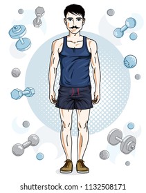 Happy brunet young adult man standing on simple background with dumbbells and barbells. Vector character, sport and fitness theme.