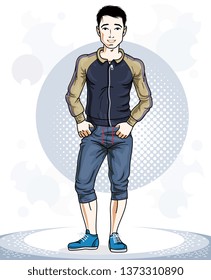 Happy brunet young adult man standing. Vector character wearing sport clothes, healthy lifestyle and fitness theme.