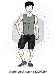 Happy brunet young adult man standing. Vector character wearing casual clothes like shorts and singlet.