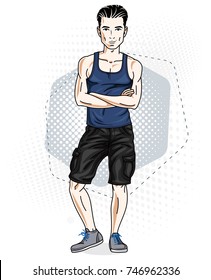 Happy brunet young adult man standing. Vector character wearing casual clothes like jeans shorts and singlet.